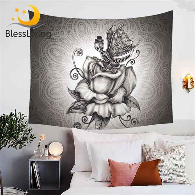 BlessLiving 3d Retro Roses Decorative Tapestry Pale Grey Butterfly Skull Tapestries Gothic Wall Hanging Romantic Dark Bedspreads 1