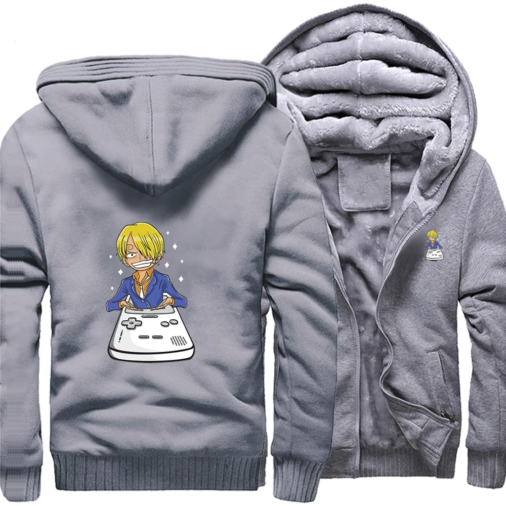 

One Piece Japan Anime Sanji Player Casual Hoodie Street Winter Warm Thick Jackets Top Men Printed Fitted Outdoor Sweatshirt Coat