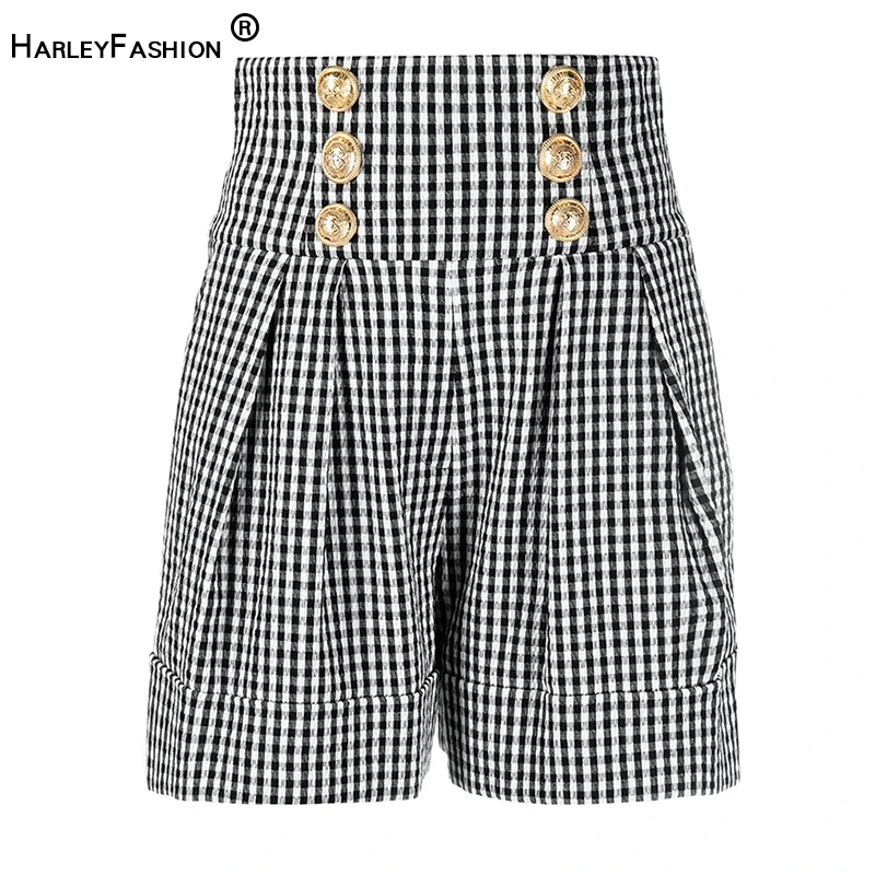 

HarleyFashion New Summer All-matched Classic Plaid High Waist Buttons Loose Casual Shorts High Quality