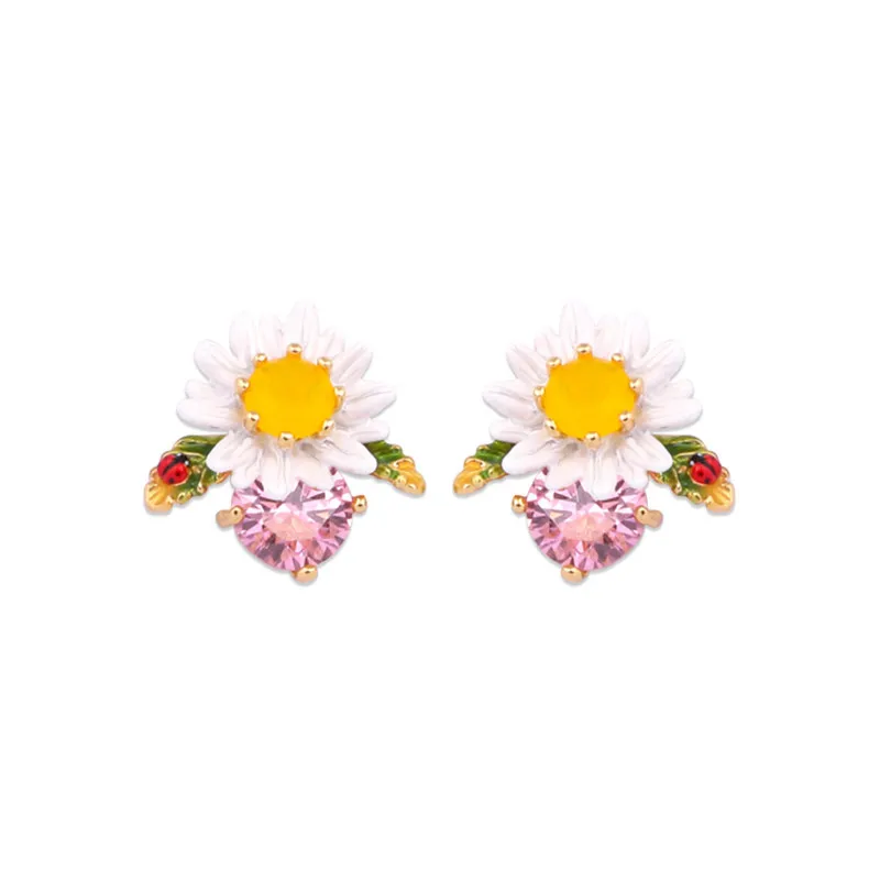 

925 Silver Needle Earrings Europe and America Fashion Handmade Enamel White Daisy Flower Gem Earrings Without Pierced Earrings