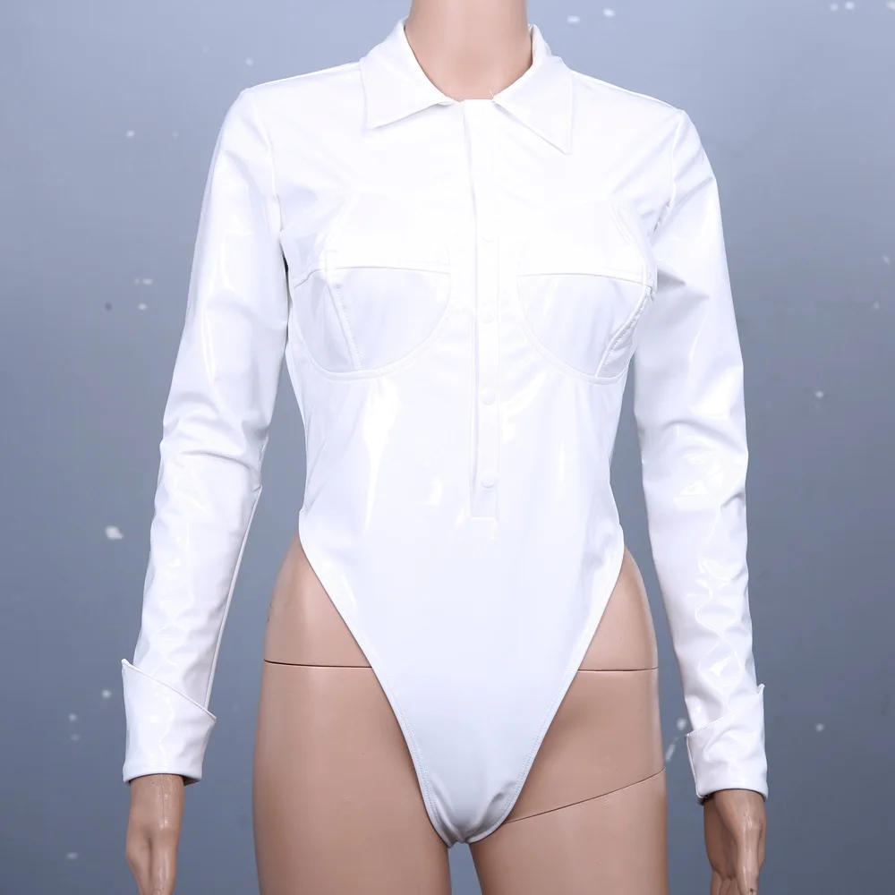 

Faux Leather Mirror Side Bodysuits Shirt Bustier Top Long Sleeve Rompers Chest Stereo Club T Crotch Playsuits Triangle Jumpsuit