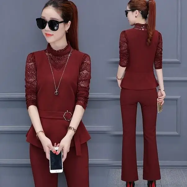 Комплект из 3 предметов женский брючный костюм Новинка осени + кружевная рубашка