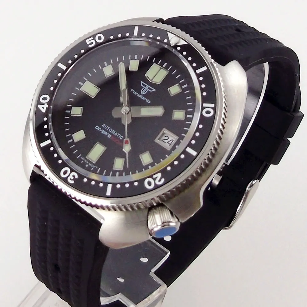

44mm Tandorio/Sterile Automatic Men's Watch Black Dial NH35A Movement Rubber Strap Oyster Bracelet Sapphire Glass Auto Date