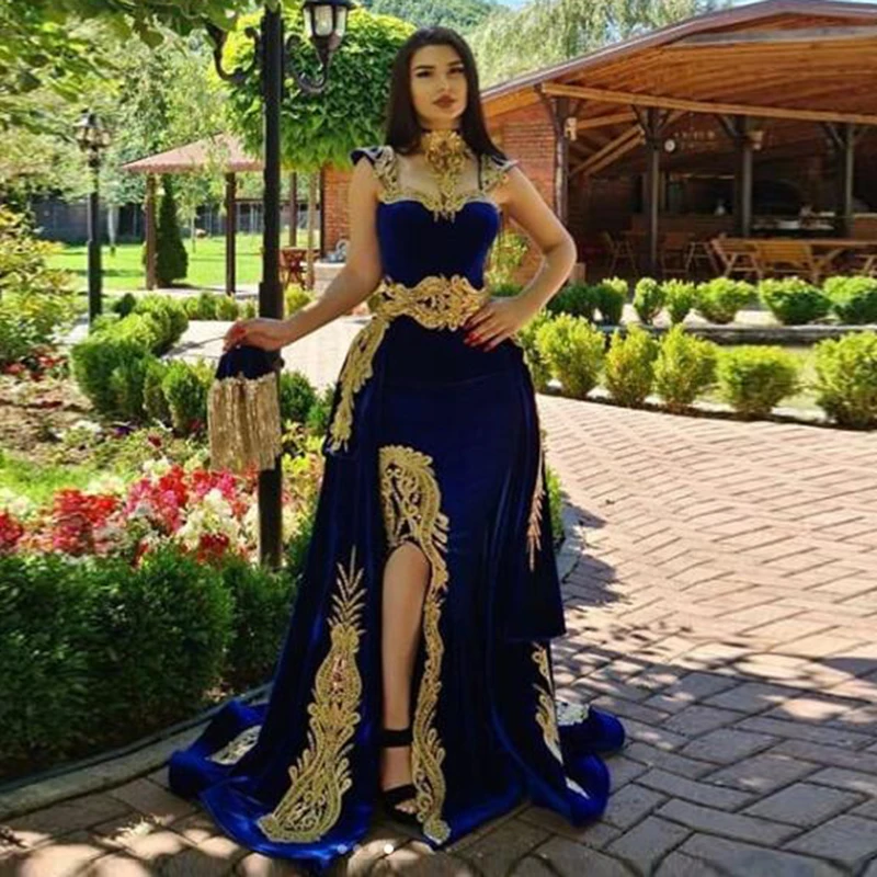 

Eightale Arabic Evening Dress with Detachable Skirt Two Pieces Blue Morocco Kaftan Mermaid Formal Velvet Prom Party Gown
