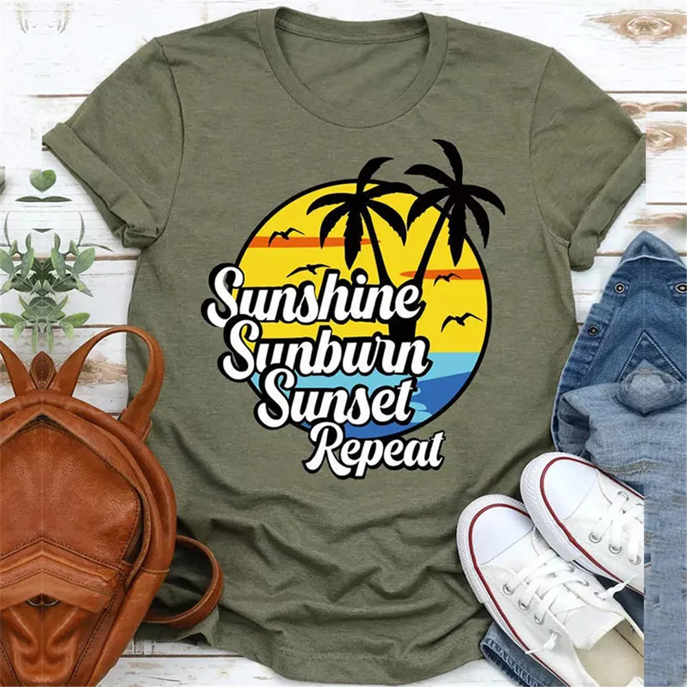 

Sunshine Sunburn Sunset Repeat Coconut Tree Print Women's T-shirt Summer Harajuku Vintage Tees Shirt Ladies Aesthetic Clothing