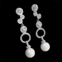 modern geometrical stylish long cz round circle mother of pearl drop earrings for women wedding accessory prom party jewelry