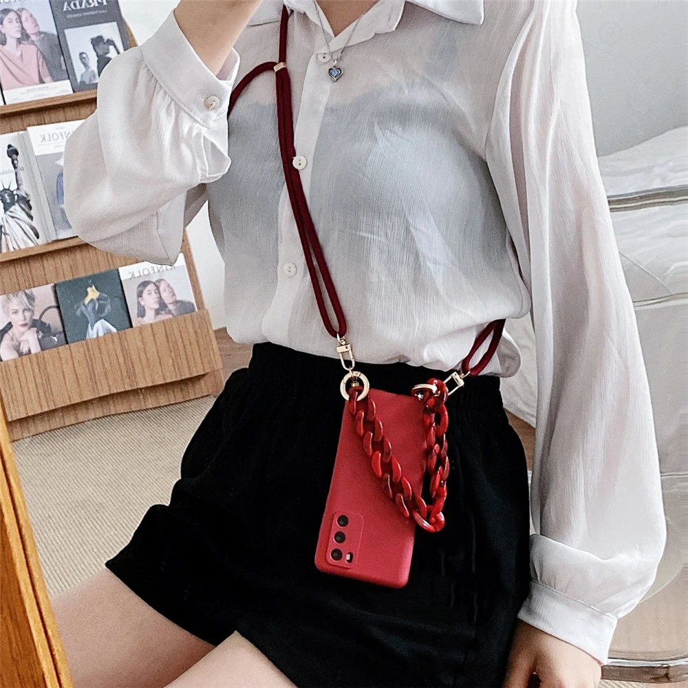 Модный чехол для телефона с мраморной цепочкой и ремешком через плечо Huawei P50 P40 Pro