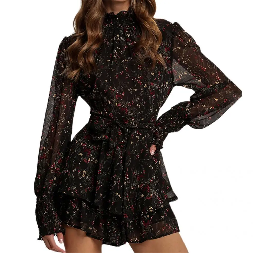 

Charming Party Dress High Waist Lightweight Short Dress Floral Print A-Line Ruffle Hem Women Dress