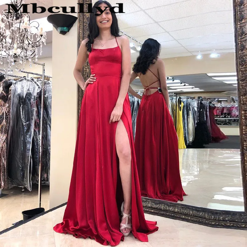 

Платье для выпускного вечера Mbcullyd с открытой спиной и Красным Крестом, Длинные Сексуальные вечерние платья с высоким разрезом 2023, эластичные атласные платья для вечеринки