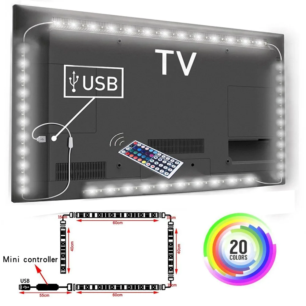 

5В 2м неводонепроницаемый RGB 5050SMD Светодиодная лента может изменить цвет для ТВ фона освещения с USB ИК-контроллером