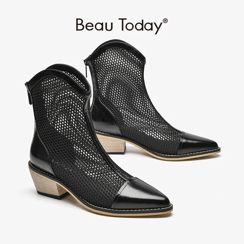 

Ankle Boots Women Cow Leather Mesh Pointed Toe Hollow Back Zipper High Heel Summer Sandals Ladies Designer Shoes BeauToday 07116