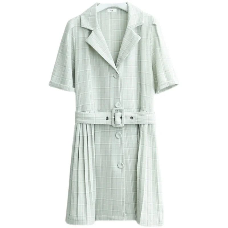 

Uulutonica Summer Women Elegant Fashion Pleated Plaid Short Sashes Above Knee, Mini Empire Notched Dress