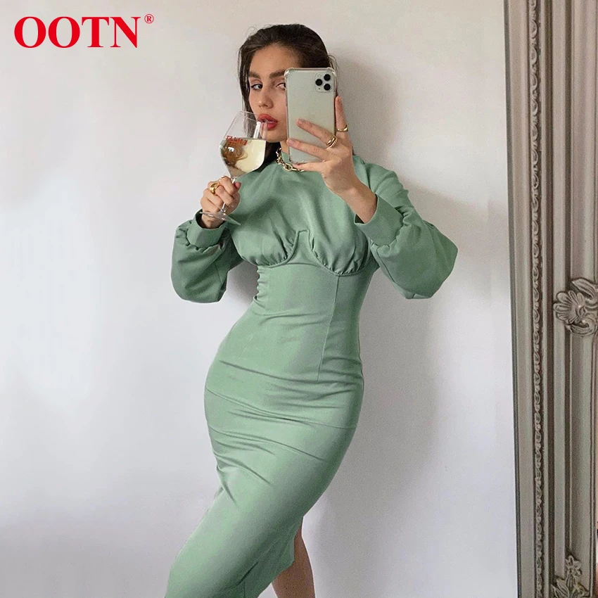 Женское платье с высоким воротом OOTN элегантное осеннее зеленое Повседневное