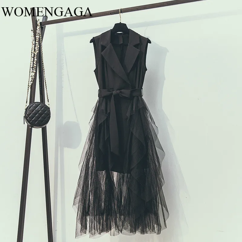

high OL street Mid-length blazers style Dress for Female Slim patchwork mesh sleeveless long dress with belt D6ZI