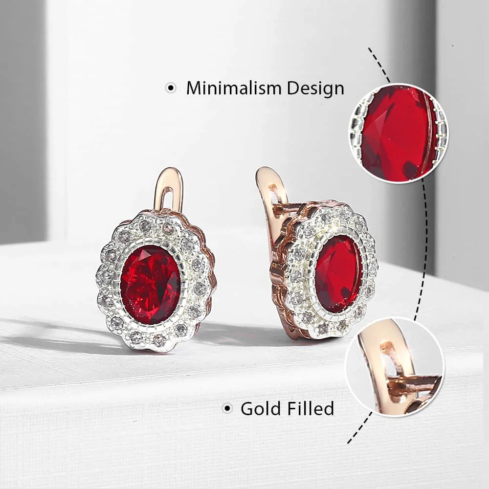 

Elegant 585 Rose Gold Stud Earrings Oval Flower Paved Red Cubic Zirconia Clear Rhinestones Snap Closure For Women Mom Gift GE149