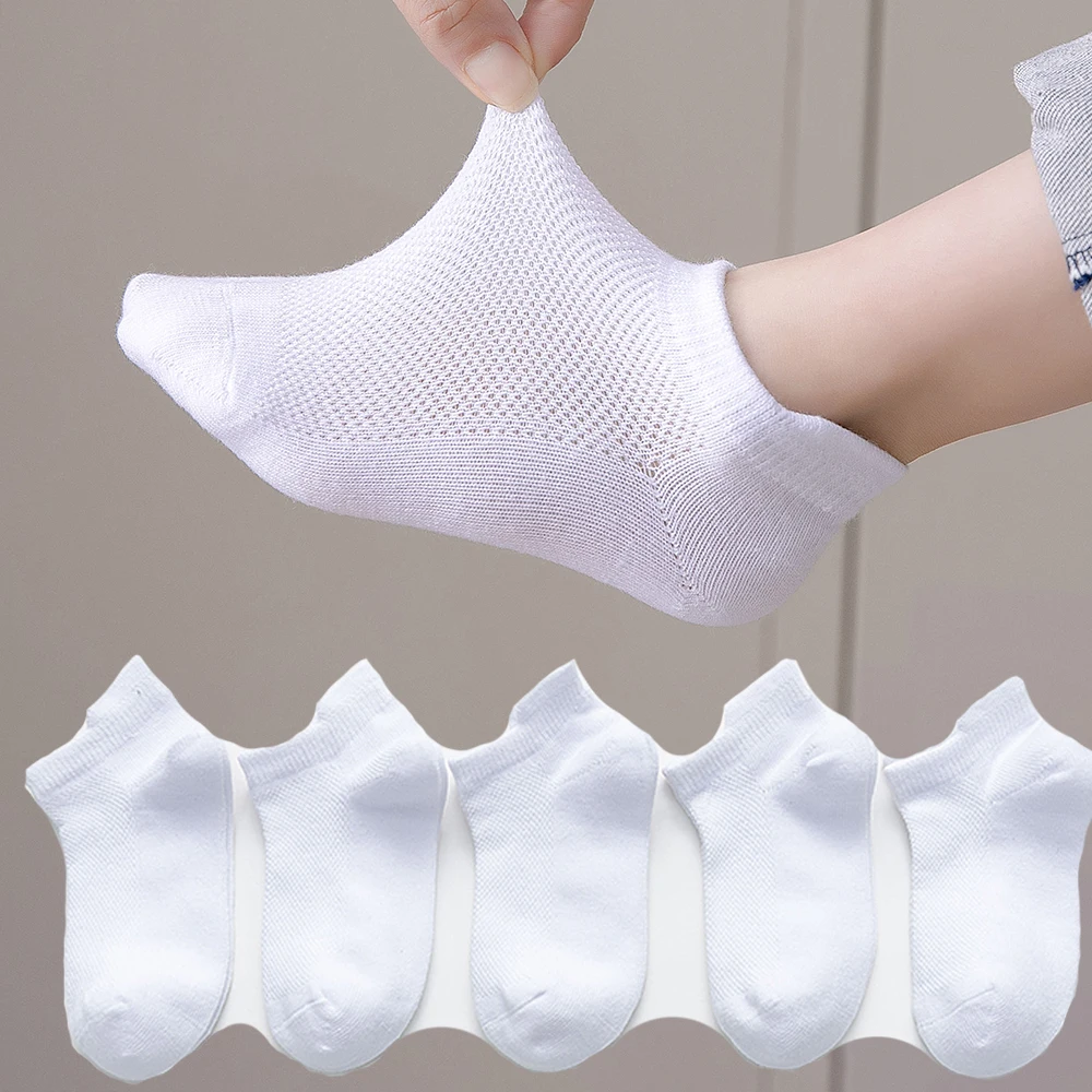 

5Pairs/Lot 1-12Yrs Kids Pure White Socks Boys Girls Breathable Cotton Sport Low Cut Children's Anti-Slip Boat Sock Four Seasons