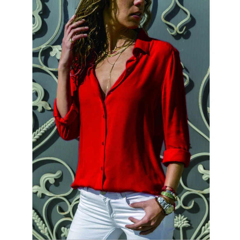 Женские белые блузки основные продажи Однотонная футболка на пуговицах для