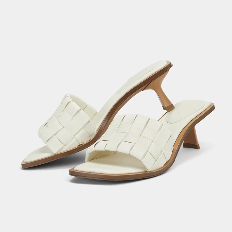 

2021 New Summer Women's Slipper Weave Slipper Outdoor For Female Square Toe Strange High Heels Shoes Women