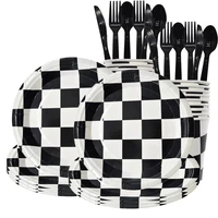 checkered black and white racing paper plates cups knives spoons forks disposable tableware birthday party supplies home decor