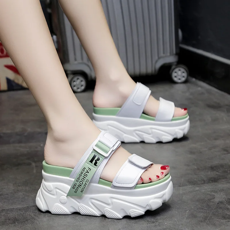 

House Slippers Platform Female Shoes Slides Fashion Women Heels 2021 Soft Summer Flat Luxury High Rubber Beach PU Rome Fabric Ba