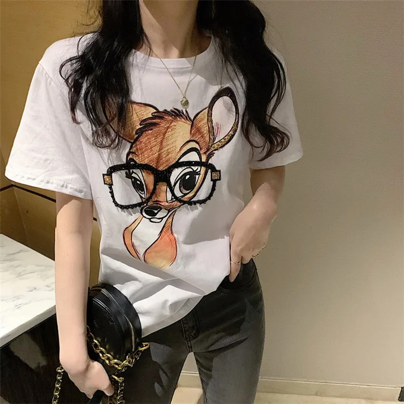 

QRWR Women's T Shirt 2021 Summer Korean Fashion Casual O Neck T Shirts Top Cartoon Bear Print Loose Short Sleeves Summer Clothes