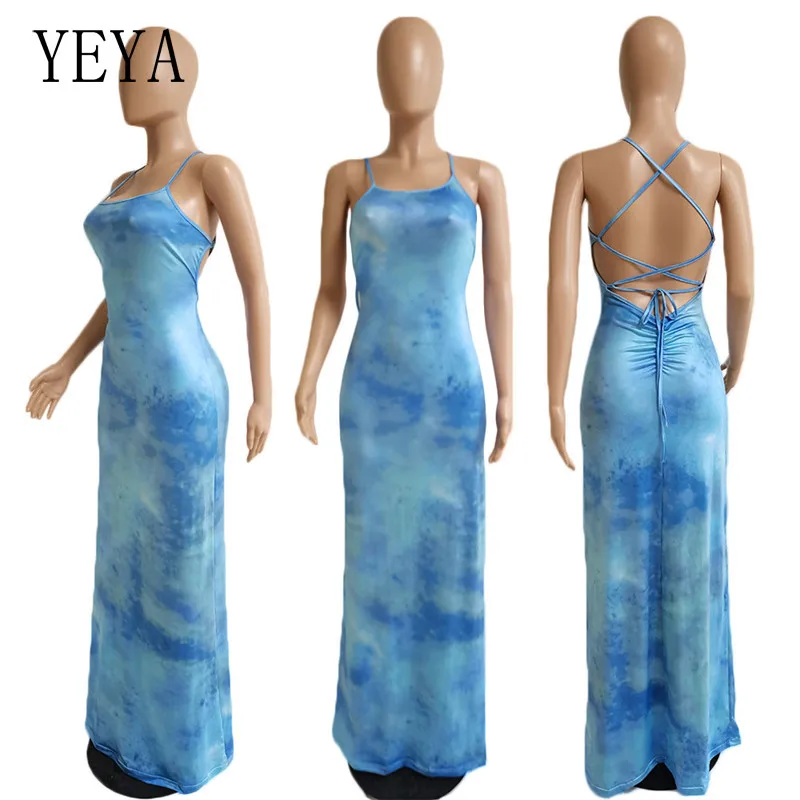 

YEYA Spaghetti Strap Party Dress Tie Dye Print Hollow Out Sleeveless Lace Up Cross Backless Sexy Off Shoulder Nightclub Dresses