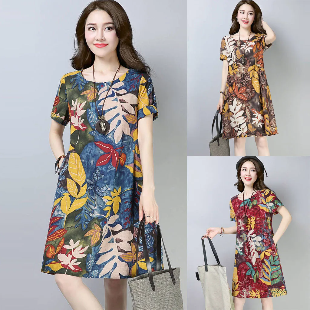 Летнее модное повседневное женское платье с круглым вырезом и коротким рукавом
