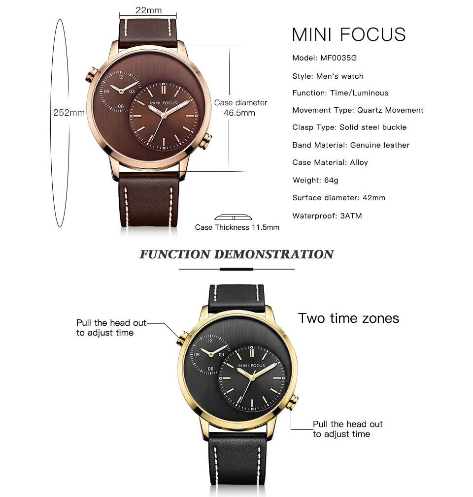 Мужские кварцевые часы MINI FOCUS роскошные Брендовые Часы с двойным часовым поясом и