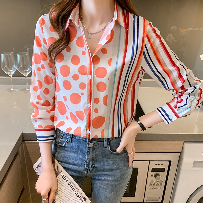 

Новинка весна-осень 2021, корейская модная шифоновая женская рубашка Chikichi в стиле ретро с принтом в виде круга и полосок, с длинными рукавами и...