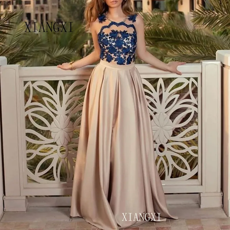 

2020 Champagne Formal Gowns Long Satin A-Line Lace See Through Floor Length Evening Dresses Party Dress abendkleider