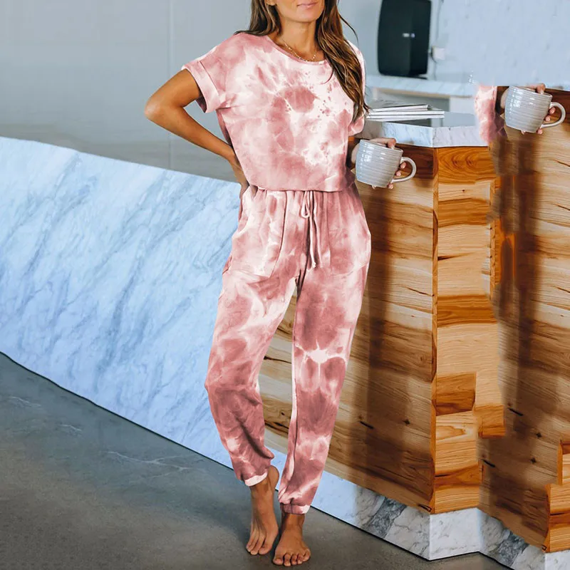 

Women Casual Sleepwear Set Tie-dye Leisure Short Sleeve Pajama Set Female Nightwear Top Pants Homewear