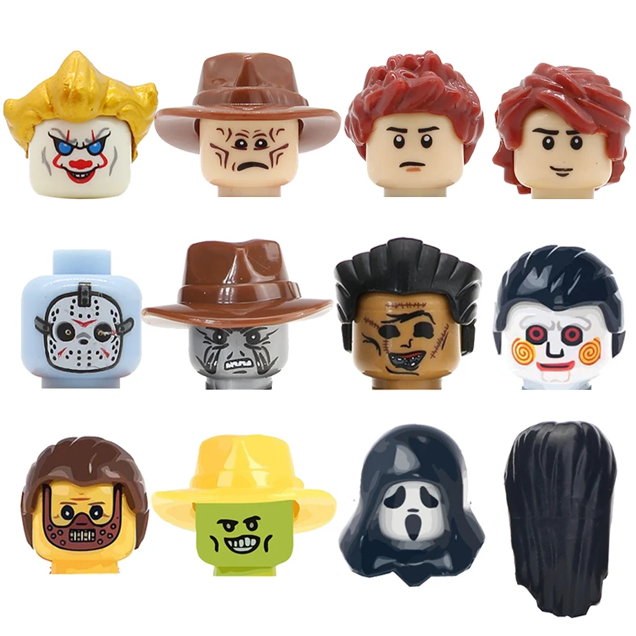 

Feleph 12pcs Horror Movie Figure Head Set Scream Billy Freedy Jeepers Creepers Leatherface Comedy Ring Building Blocks Toys