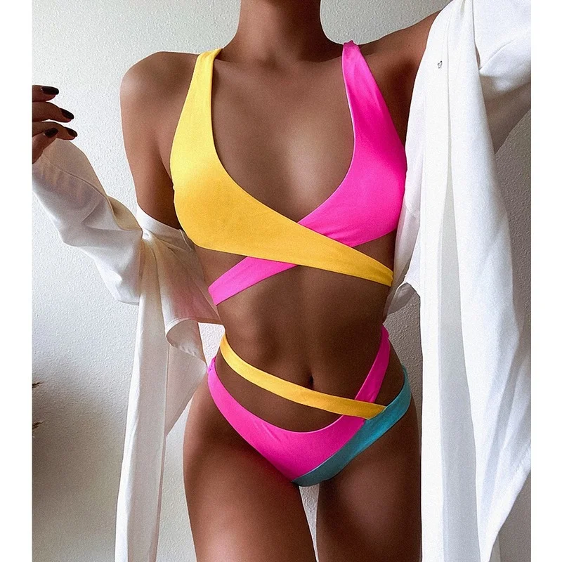 

Sexy Contrast Color Bikini 2021 New High Waist Swimsuit Women Cross Push Up Swimwear Female Hollow Out Bikini Set Bathing Suits