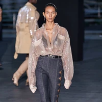 fashion week pink sequin glitter see through clothes luxury design transparent yarn blouse mesh sheer pocket shirt women