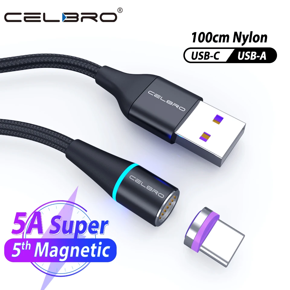 Магнитный кабель 5A Сверхбыстрый зарядный для передачи данных USB Type C светодиодный