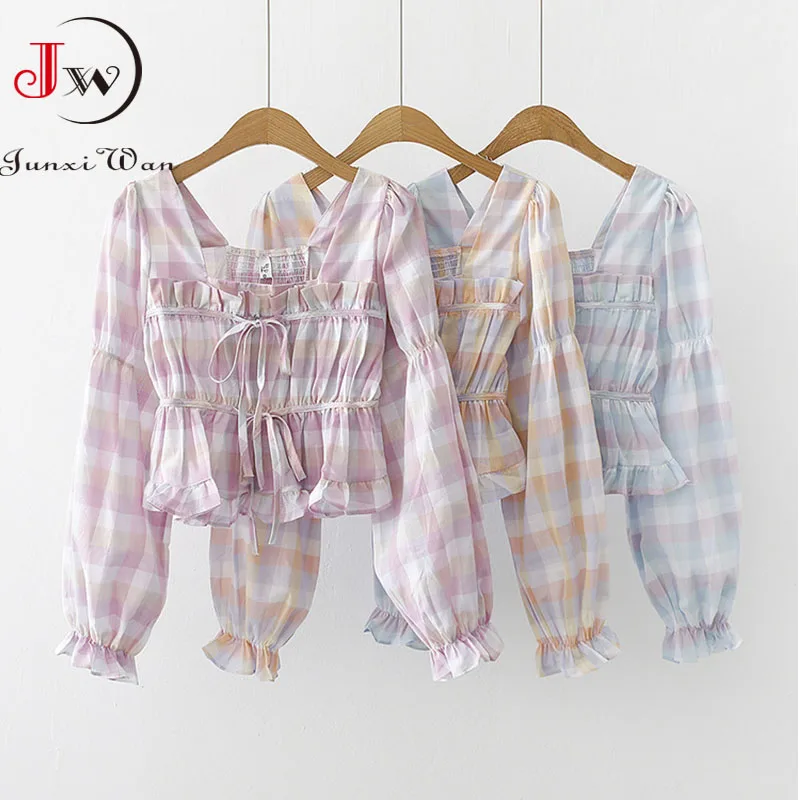 

Клетчатая блузка с принтом женская мода корейский пышный короткий топ с длинным рукавом рубашка с квадратным воротником галстук-бабочка об...