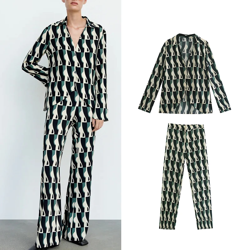 

TRAF ZA Women Print Blouses + Flare Pants Set 2021 New Long Sleeve Turn Down Collar Tops Female Casual Zipper Pants Outfits