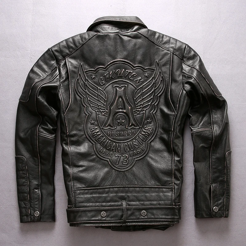 

vintage Men's motorcycle leather jacket with belt pattern lapel zipper cow leather coat men slim fit rivet biker jacket male