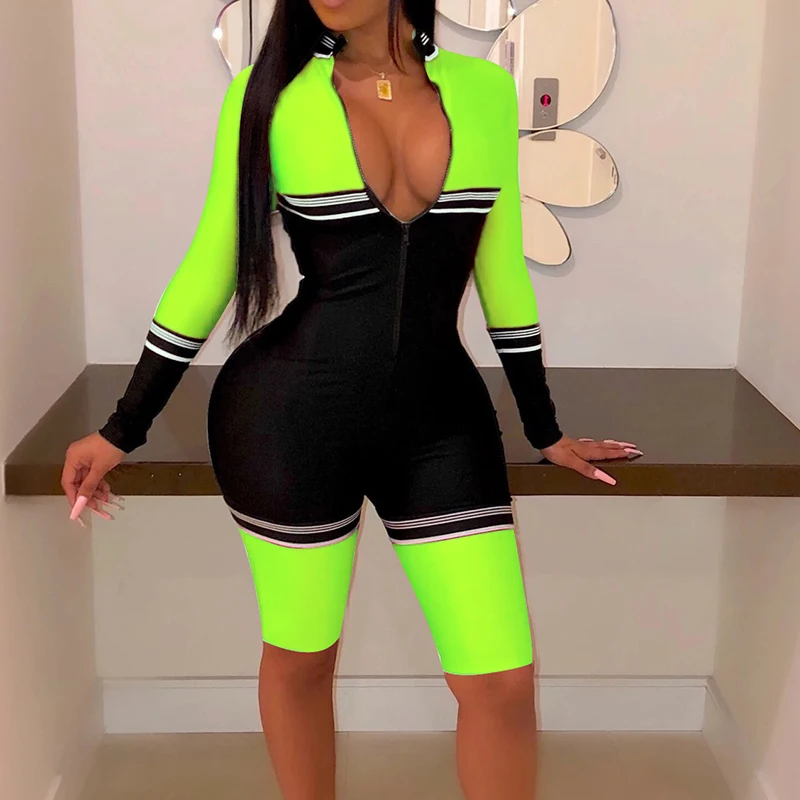 Женский комбинезон на молнии с длинным рукавом и глубоким V образным