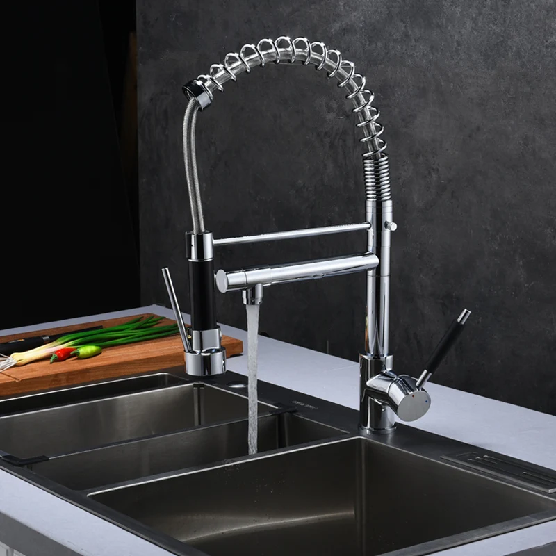 Хромированный кухонный смеситель с пружинным выдвижным краном 2 выпускных
