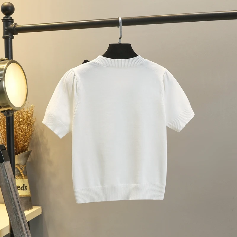 

Heavy three-dimensional flowers Pearls French style reduced round neck short knit top ice silk short sleeve T-shi