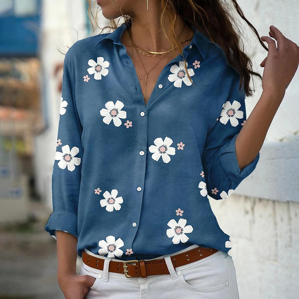 

Long Sleeve Women Spring 2022 Floral Print Casual Fashion Elegant Tops Blouse Shirt Turn-down Collar Ladies Shirt Blusa