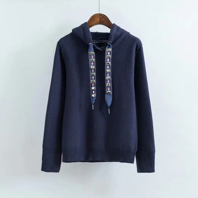 TMODA 2021 Женские С капюшоном Толстовки с длинными рукавами украшенными бусами