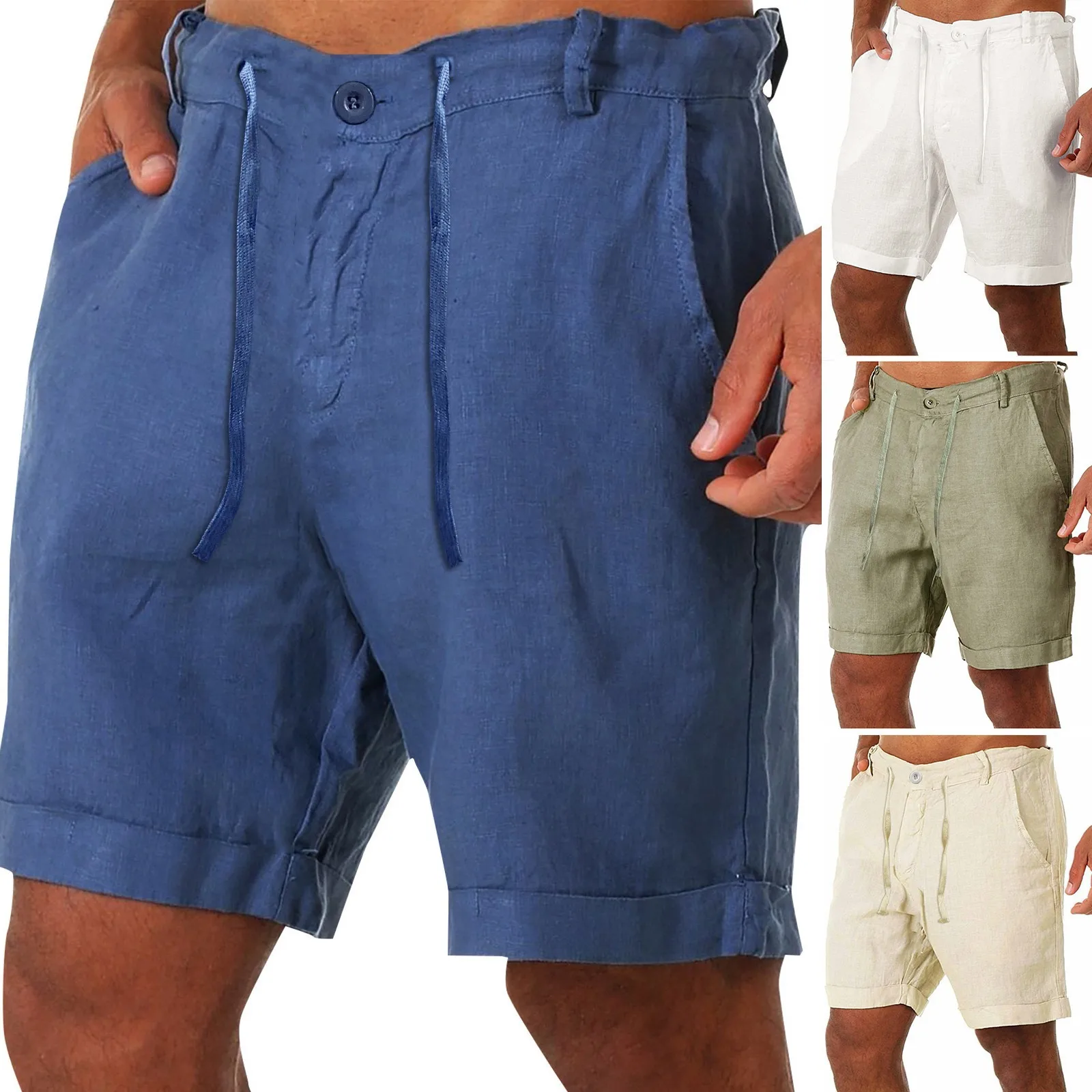 

Fashion Men Cotton Linen Casual Pants Buttons Lacing Waist Pockets Short Pants Short Homme Bermuda Masculina Шорты Мужские