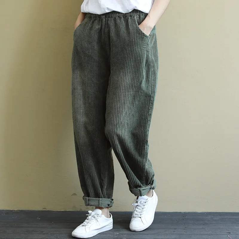 Autumn Winter Pants Women Retro Loose Corduroy Trousers Werainyee 2019 New Ladies Elastic Waist Casual pocket All-match | Женская одежда