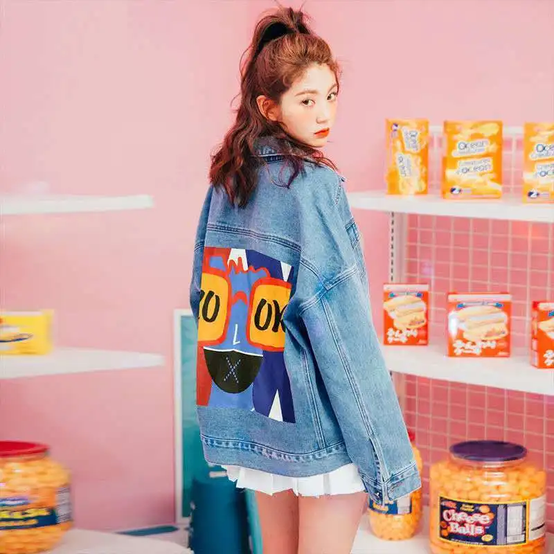 

Women's Denim Jean Jackets Spring 2021 Korean Fashionable Butterfly Printing Loose Streetwear Za Vintage Clothing Basic Outwear
