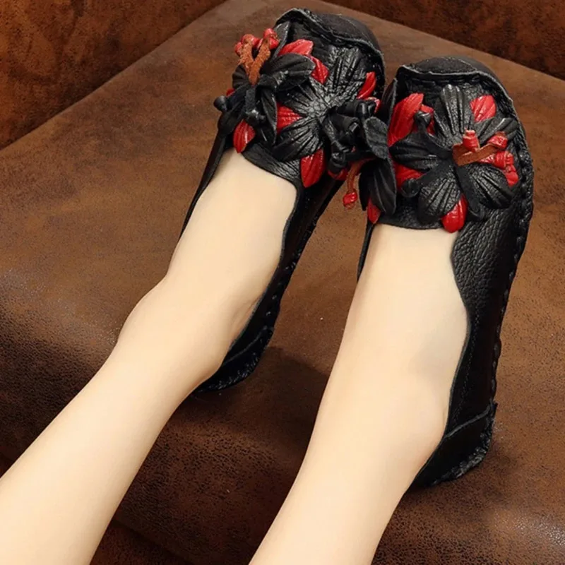 

Black Blossom Floral Flats Soft Cowhide Leather Summer Retro Loafers Causal High Quality Mom Cozy Flat Shoes
