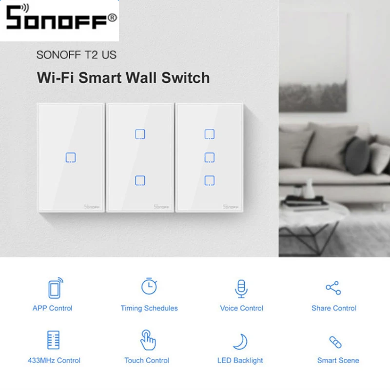 

SONOFF T2 TX Smart Home Switch 1/2/3 Gang WiFi Smart Panel RF Remote Control Ewelink Real-time View Work With Alexa Google Home