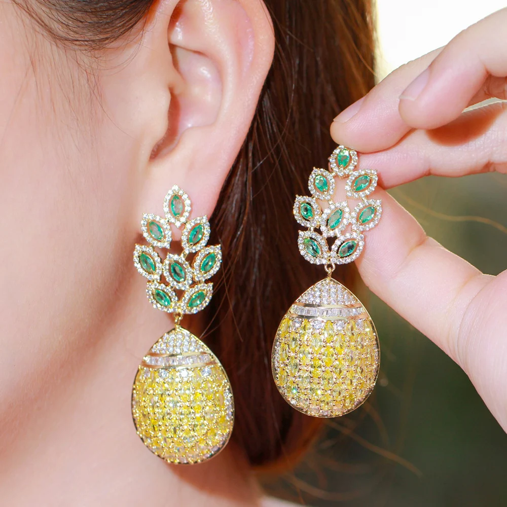 

CWWZircons Super Luxury Yellow Green Cubic Zircon Long Leaf Drop Big Statement Earrings for Women Engagement Wedding Party CZ894