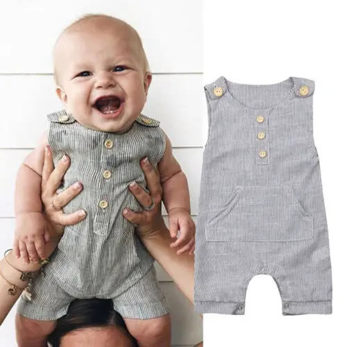 

Newborn Baby Boy Girl One-piece Outfit Clothes Striped Sleeveless Cute Romper Casual Buttons Jumpsuit for 0-18M Baby Romper